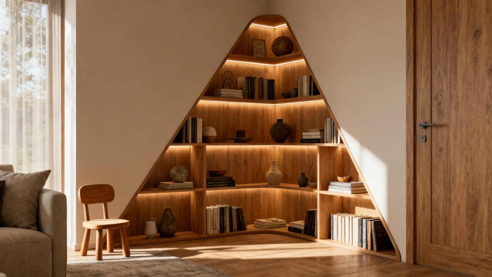 Corner shelving unit creating a cozy nook with curved triangular shelves