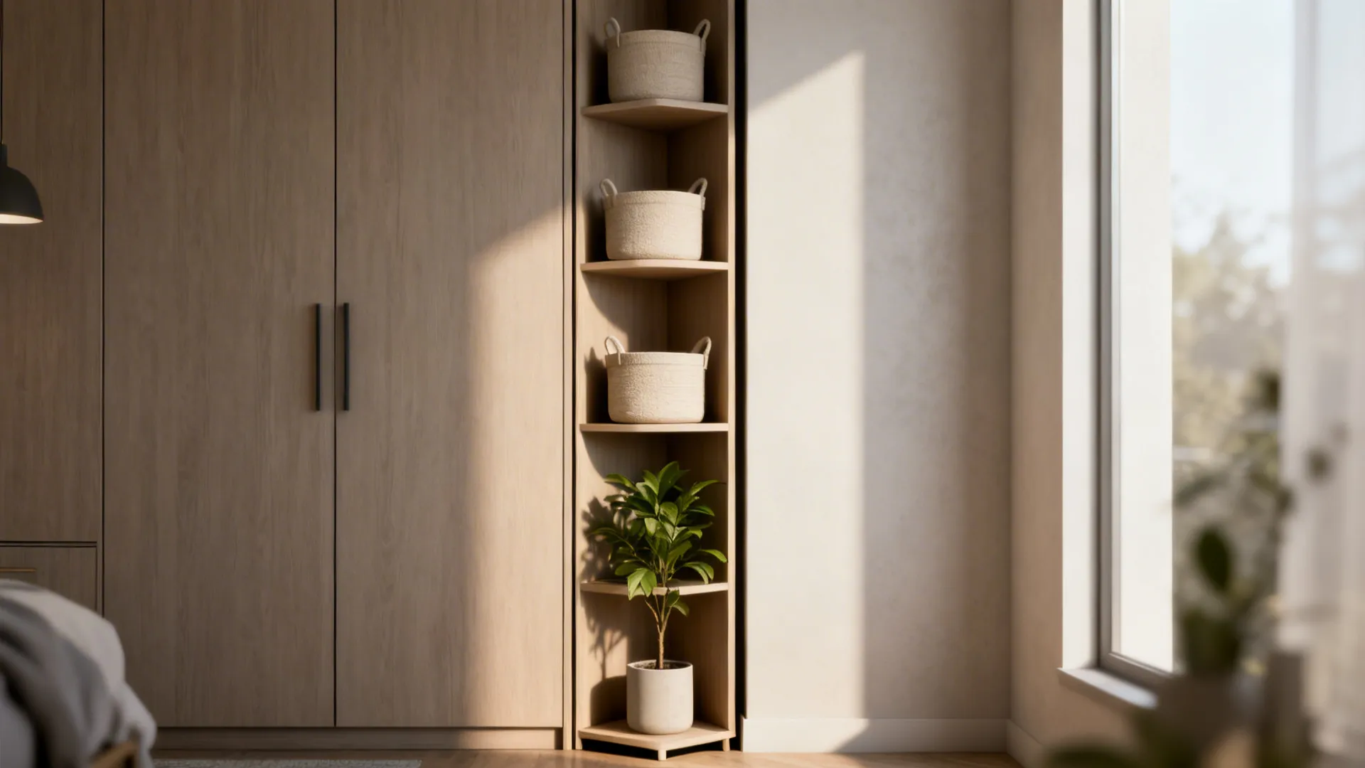 Slim corner shelving using narrow spaces with neutral baskets to hide miscellaneous items