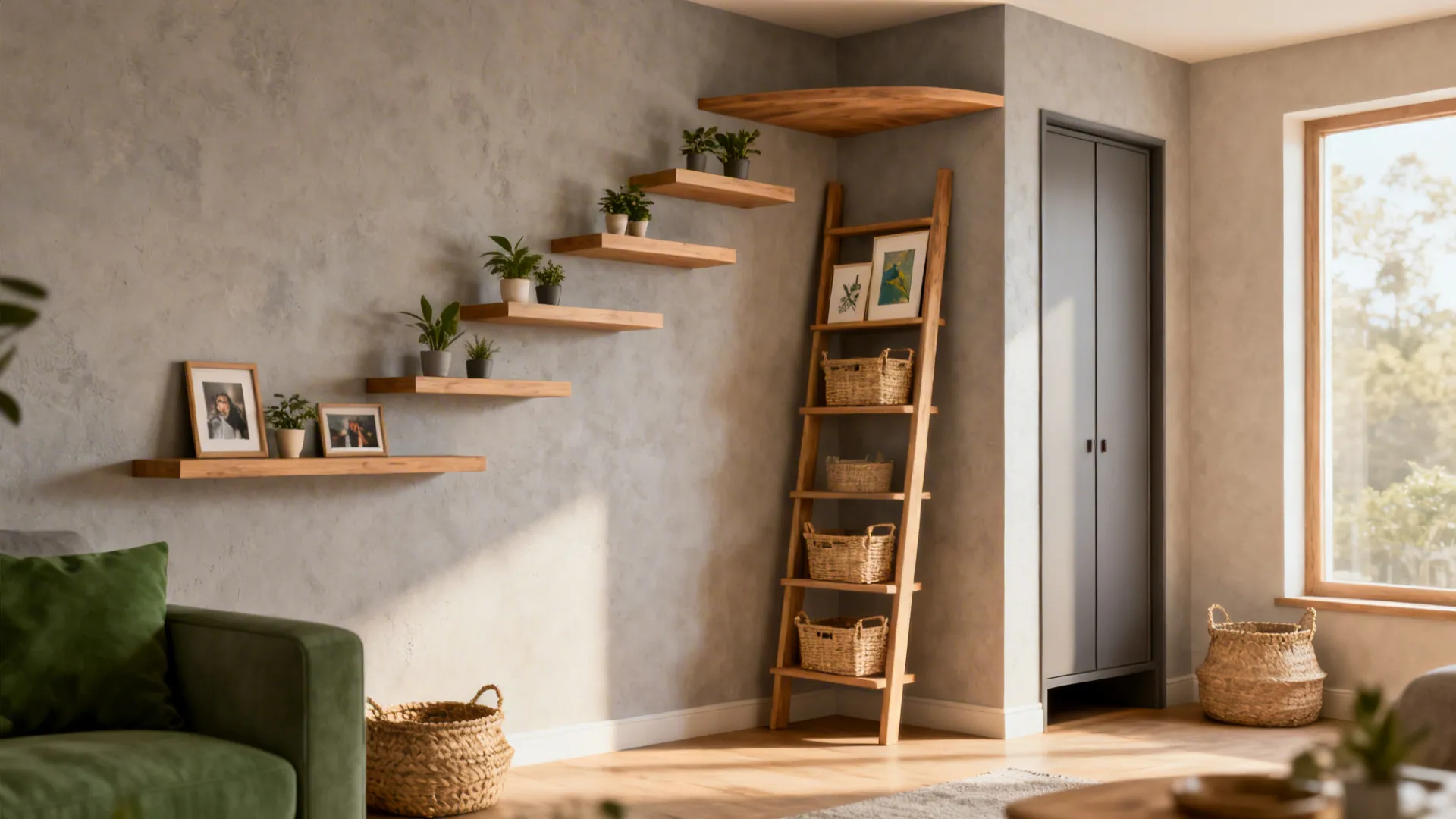 Modern living room featuring wooden wall shelves and a tall ladder shelf with small plants