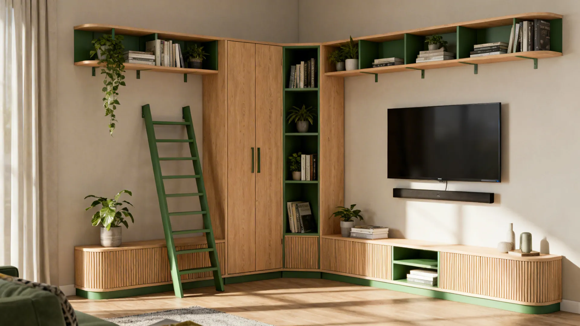 Modern living room corner with wooden cabinets, green shelves, television, soundbar, plants, and a ladder