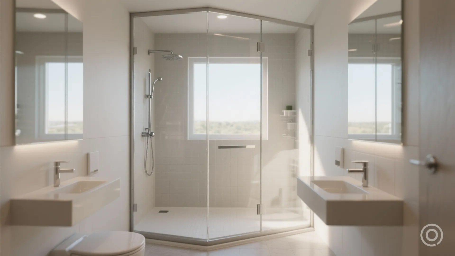 Frameless glass corner shower in a small modern bathroom.