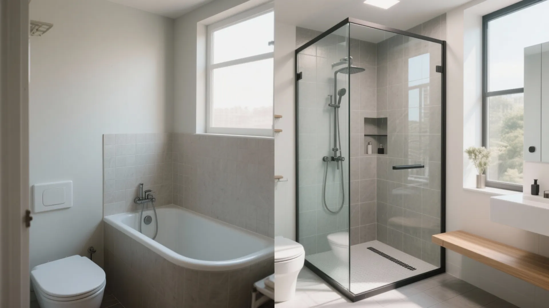 Before and after comparison of a small bathroom with bathtub replaced by glass corner shower