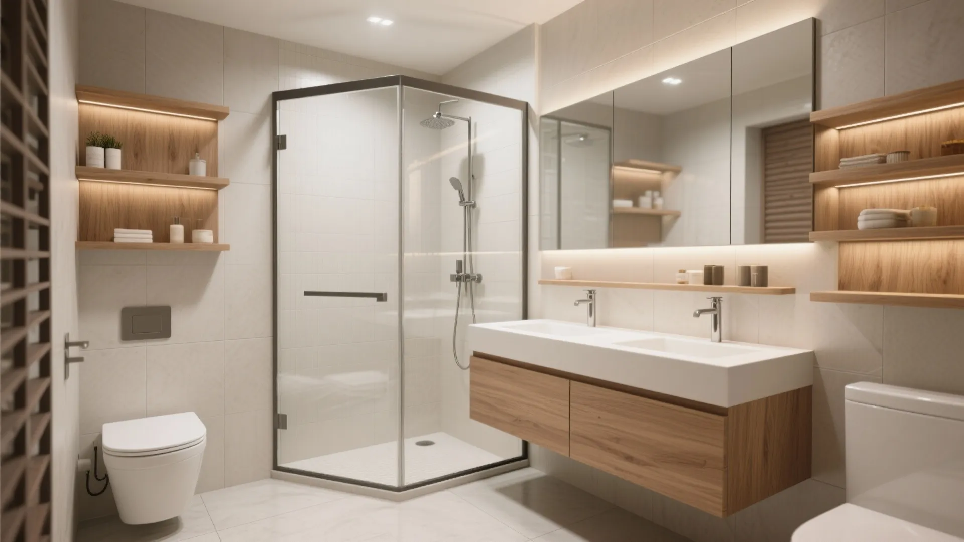 Modern bathroom featuring glass corner shower, wooden double sink cabinet, large mirror, and open shelves
