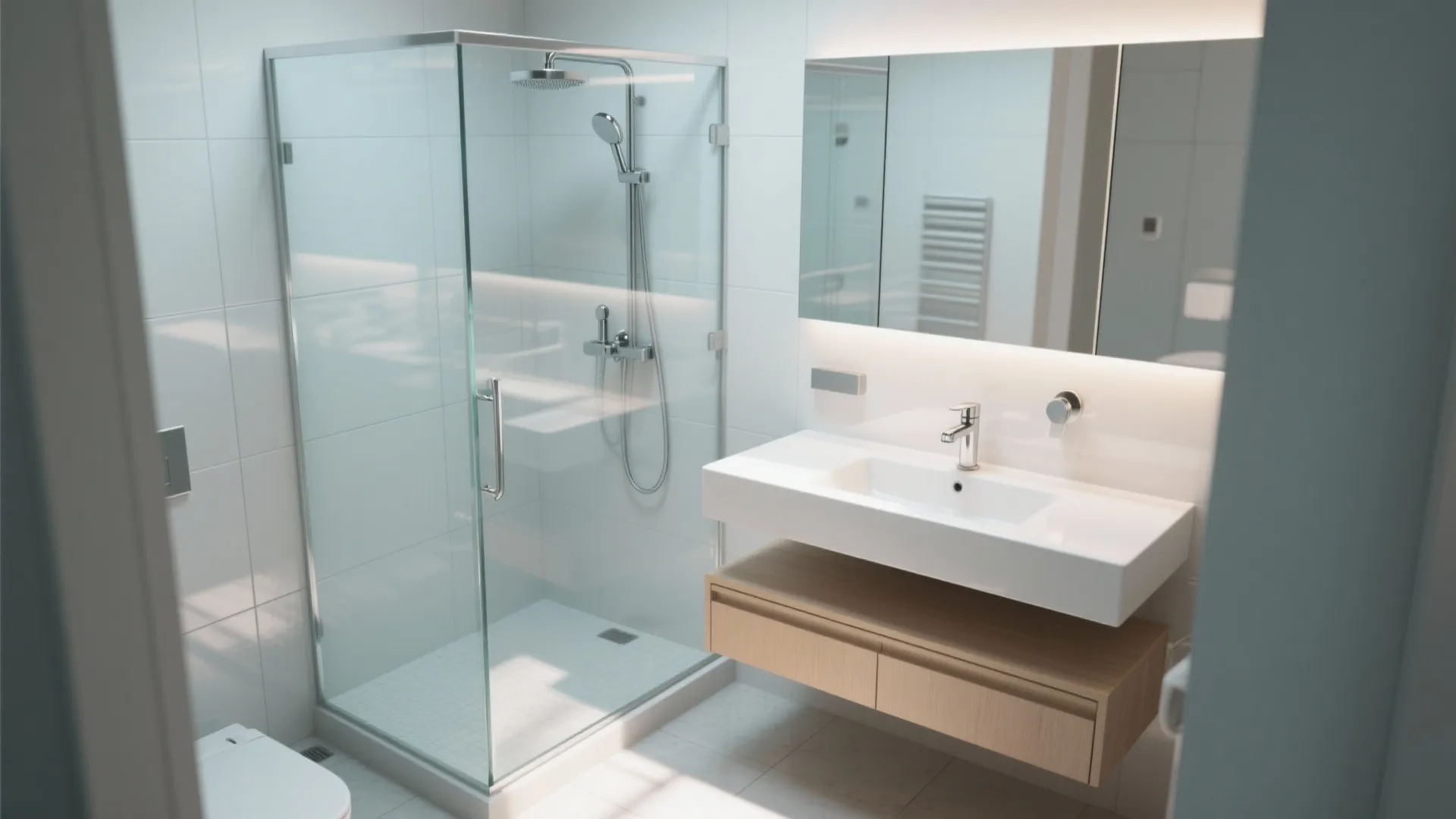 Corner glass shower with a floating vanity in a compact modern bathroom.