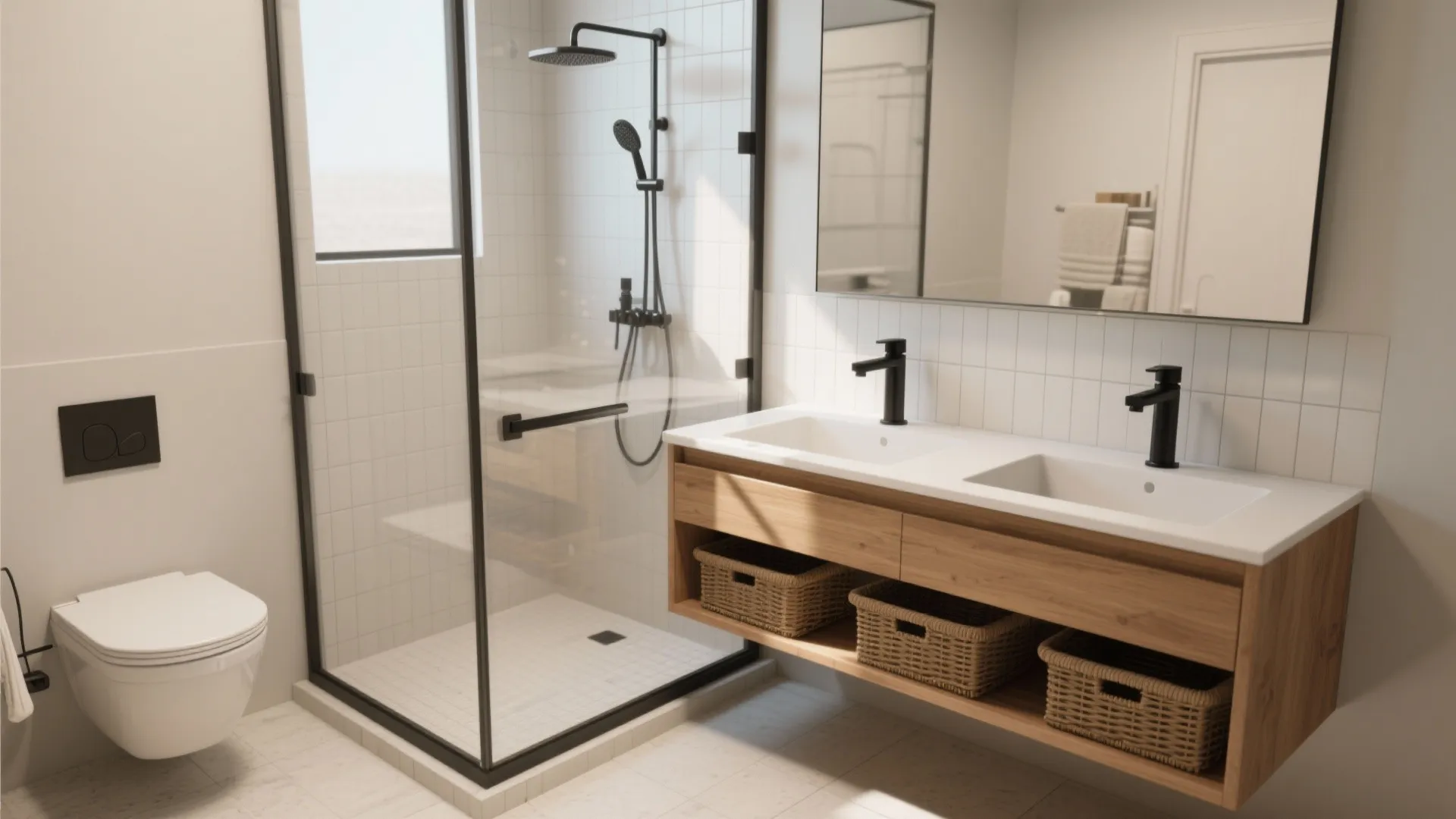Bright bathroom with glass corner shower wooden cabinet storage baskets double sinks and black wall taps