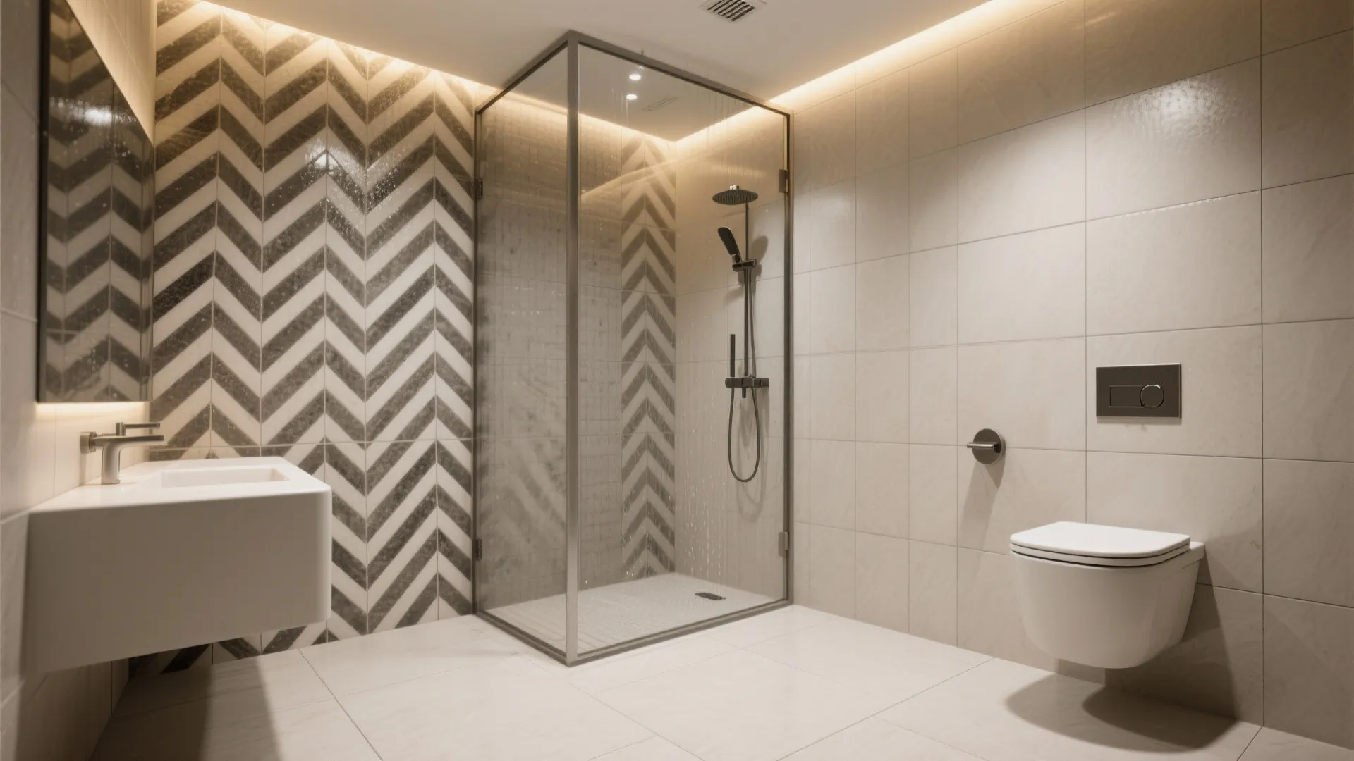 Modern bathroom featuring glass shower box wall toilet white sink and chevron pattern wall tile
