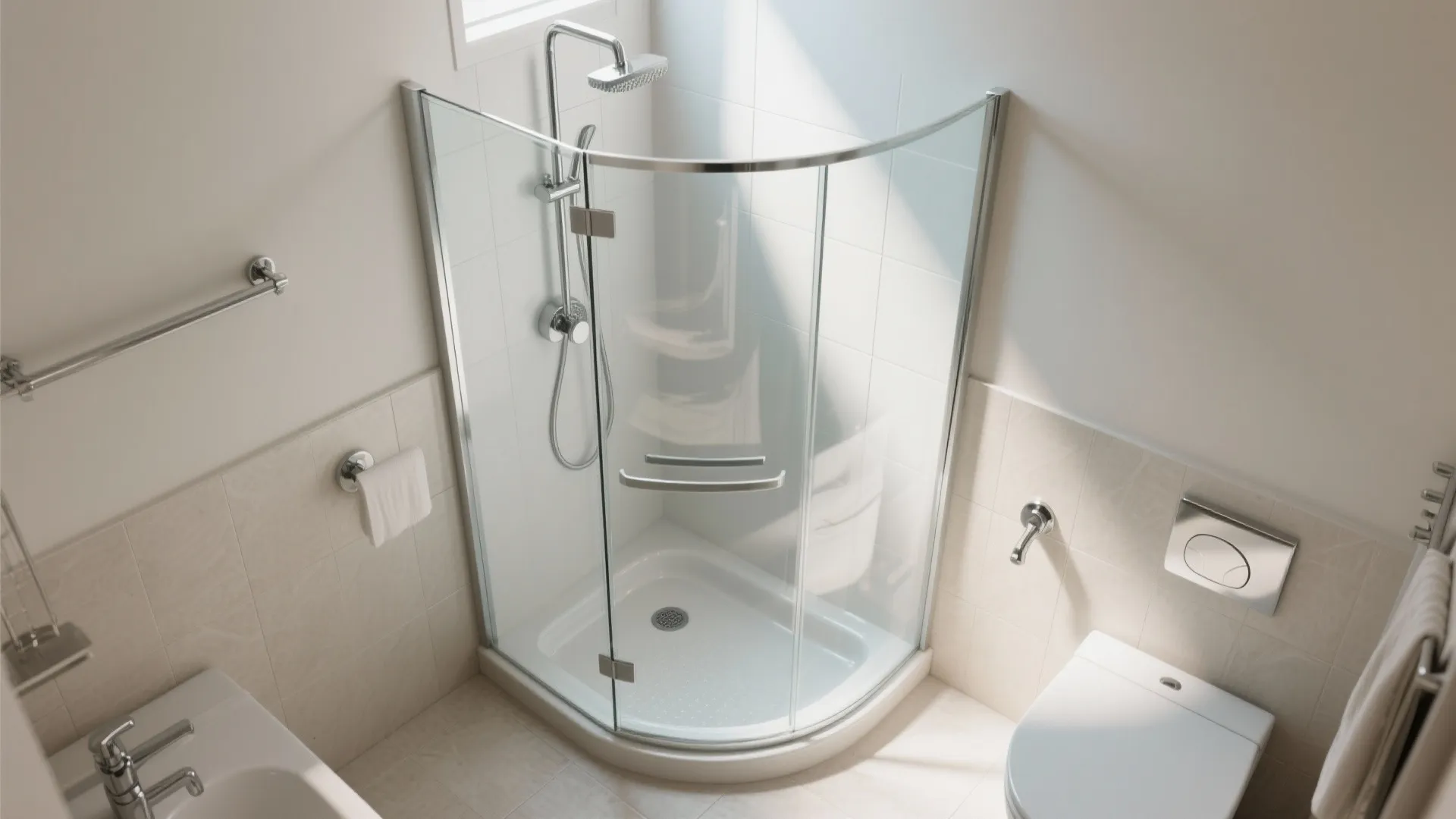 Corner neo-angle curved glass shower with a shallow tray and clear sightlines in a small bathroom.