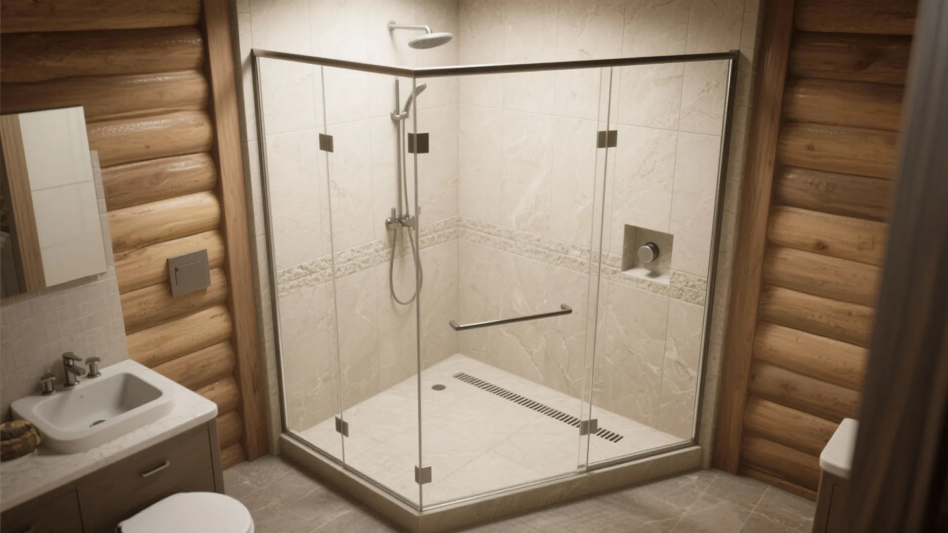 Compact corner shower with frameless glass and large-format stone-look tiles in a cabin bathroom.