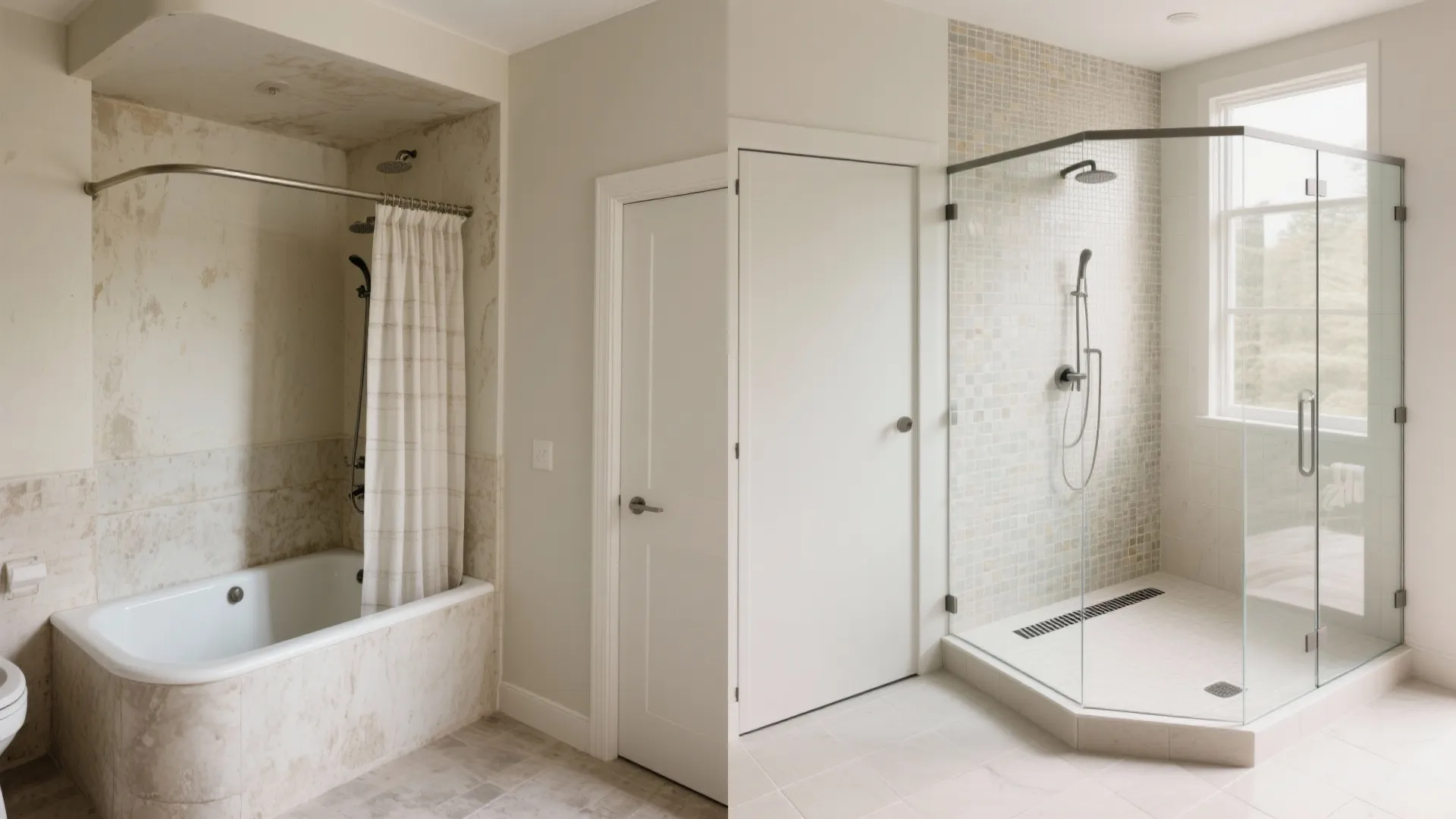 Before and after comparison of old bathtub with curtain versus new modern glass corner shower