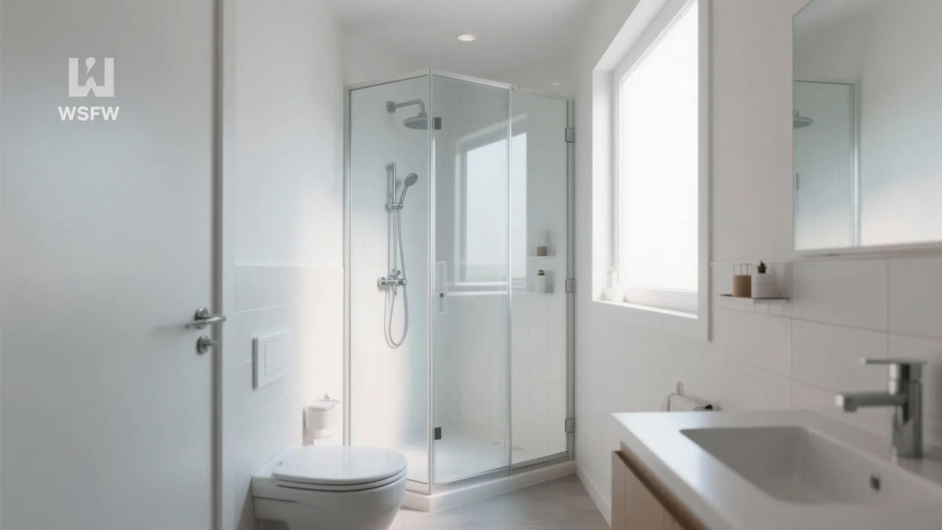 Small white bathroom featuring glass corner shower white toilet sink cabinet and a bright window