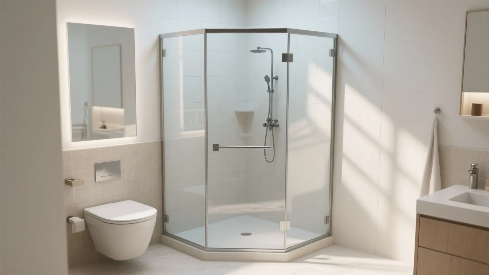 Modern bathroom featuring a glass corner shower unit white toilet and wooden sink cabinet furniture