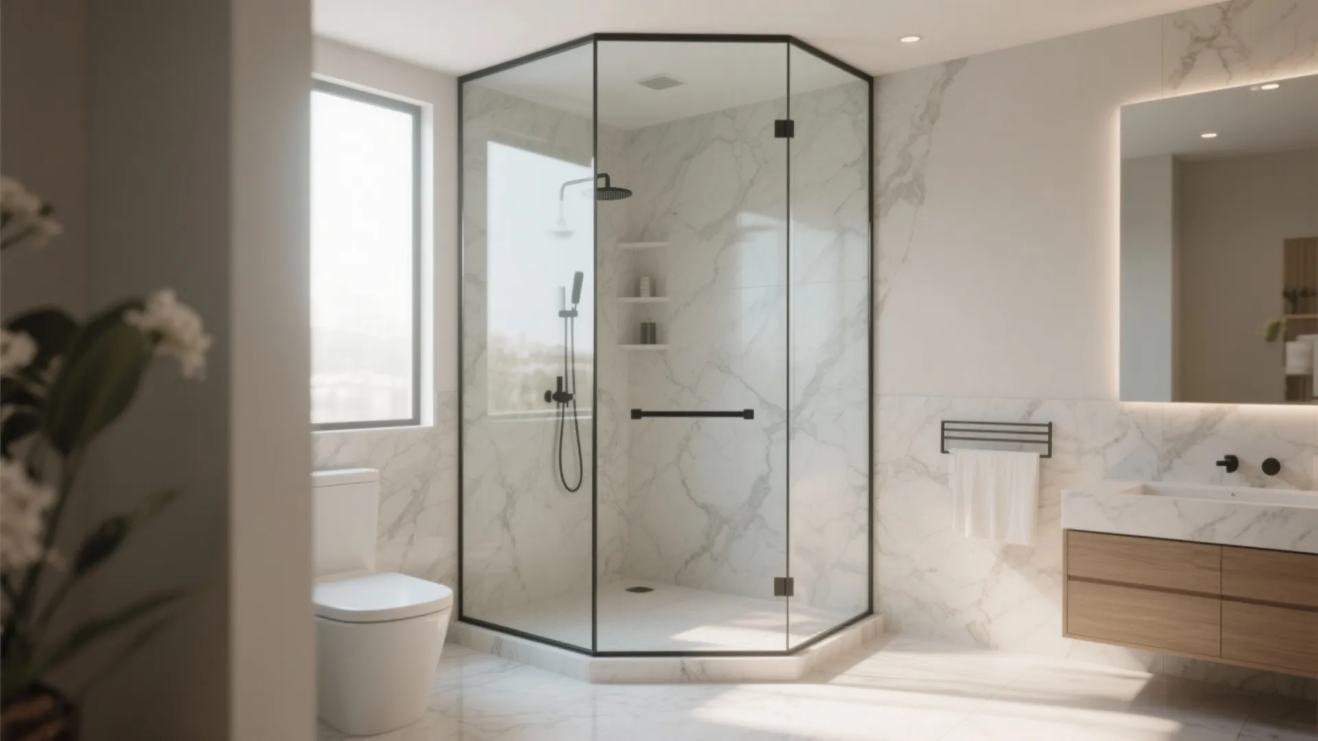 Bright bathroom featuring a glass corner shower white marble walls wooden cabinet and large window