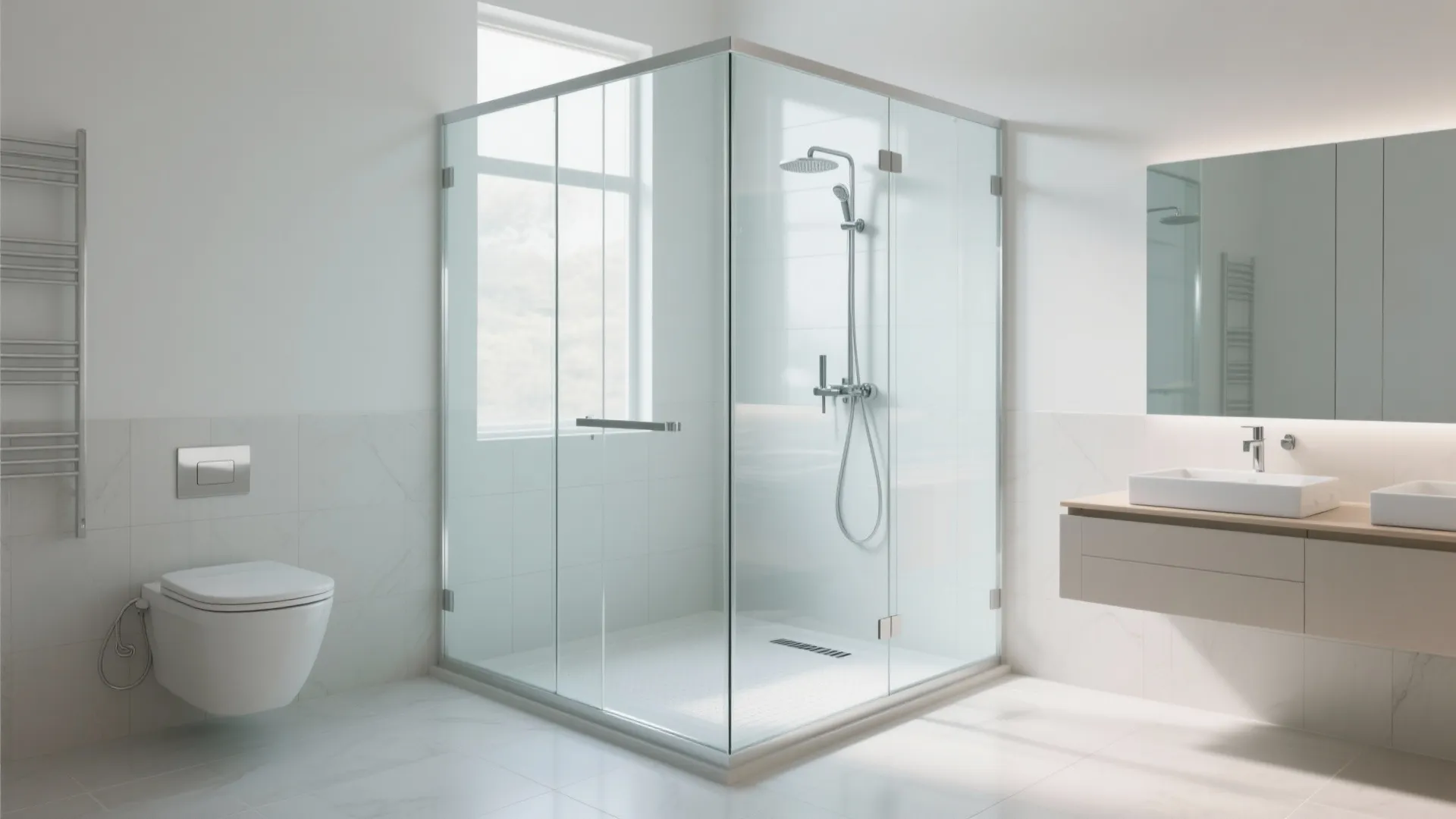 Corner shower with clear glass enclosure
