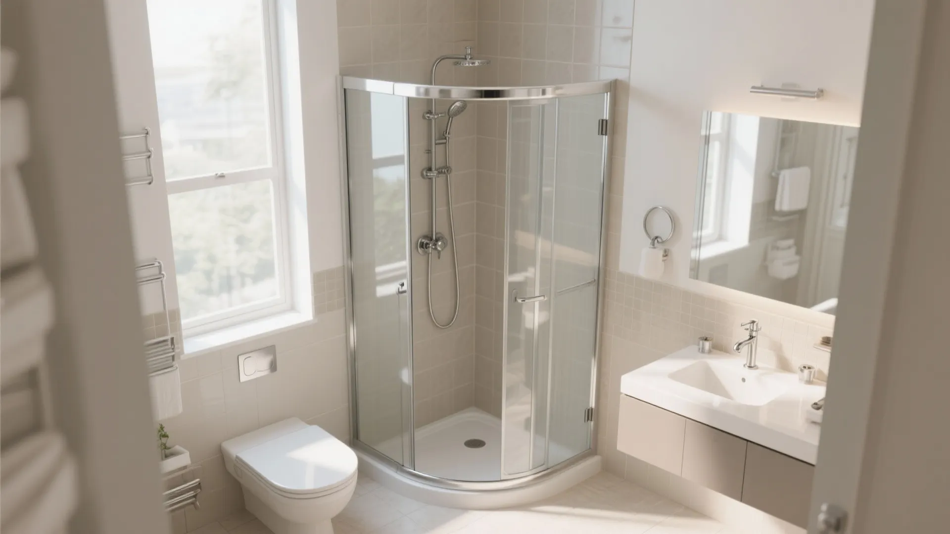 Corner shower with curved sliding glass doors in small bathroom