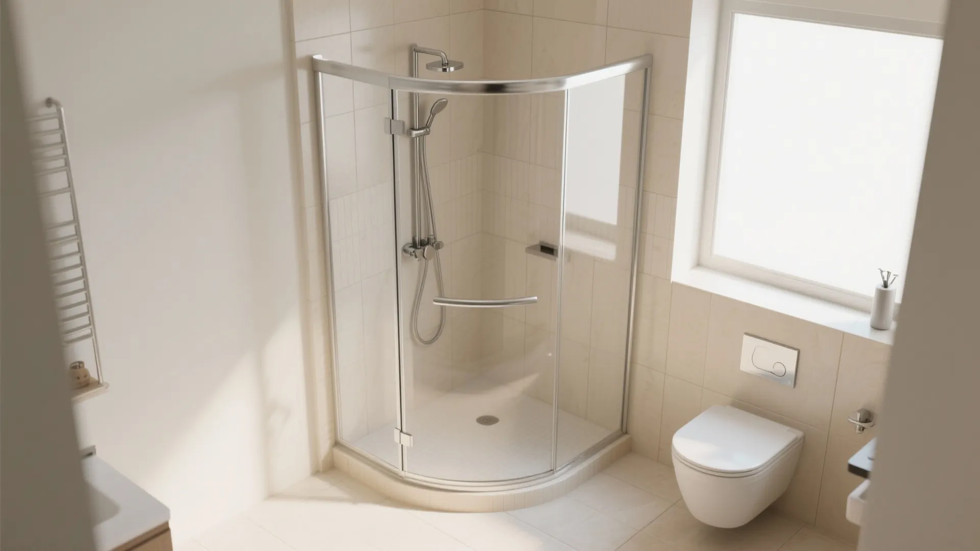 Bright bathroom with glass corner shower and white wall toilet next to a large window