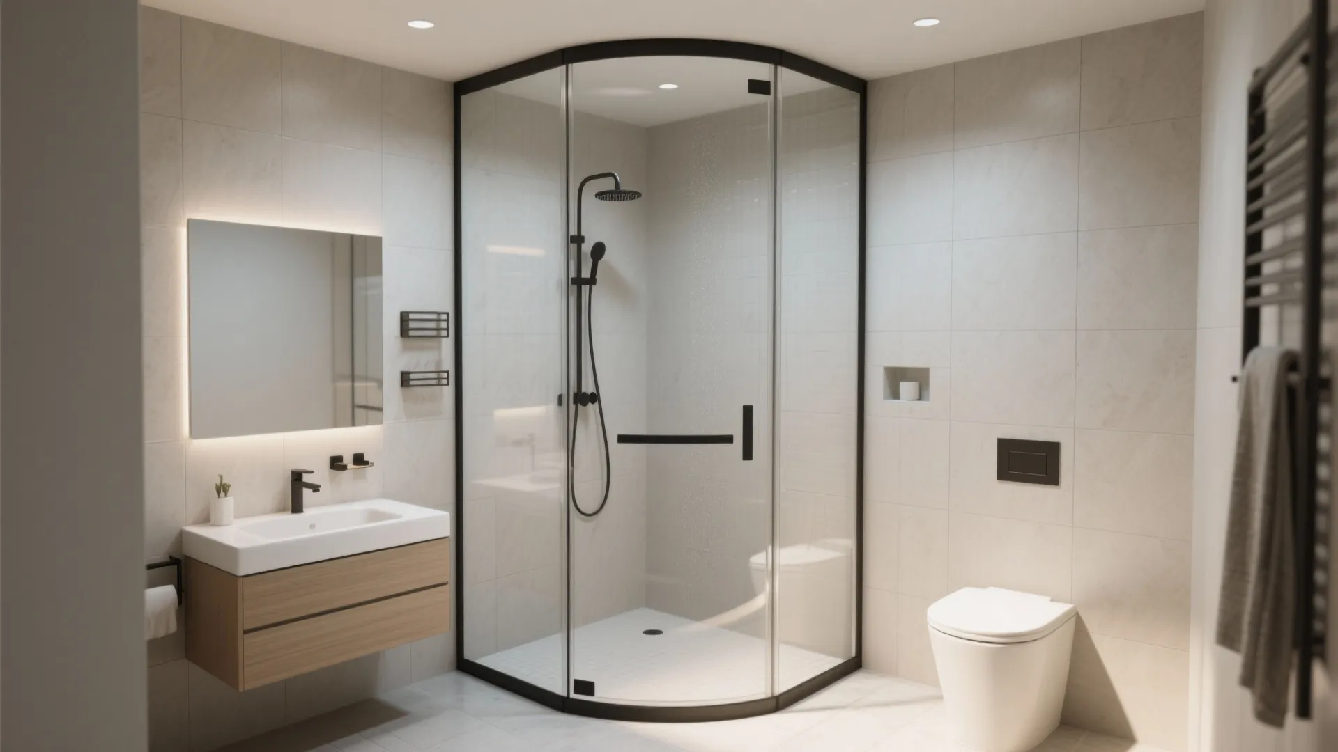Bathroom interior with glass corner shower white toilet wood cabinet sink and beige wall tiles