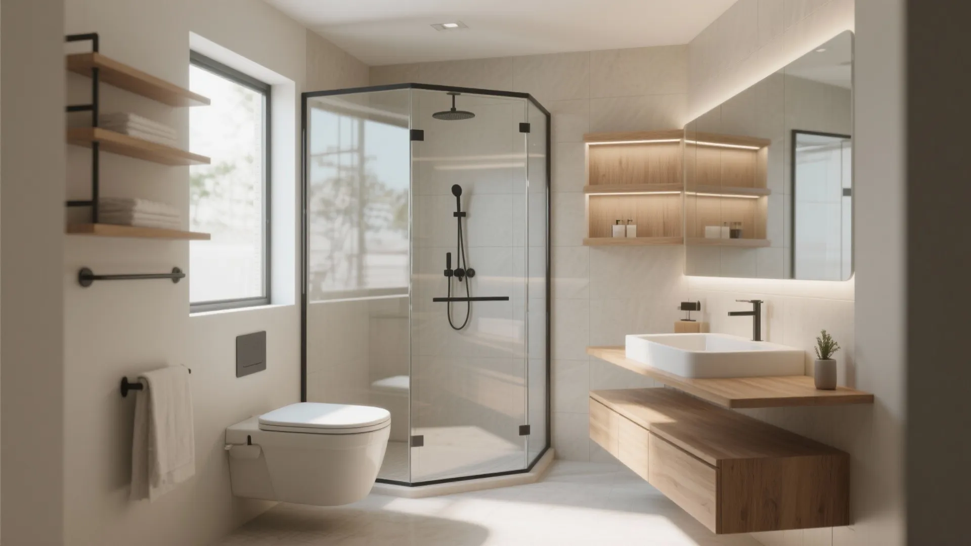 Modern bathroom with corner glass shower white toilet wooden floating cabinet and large lighted wall mirror