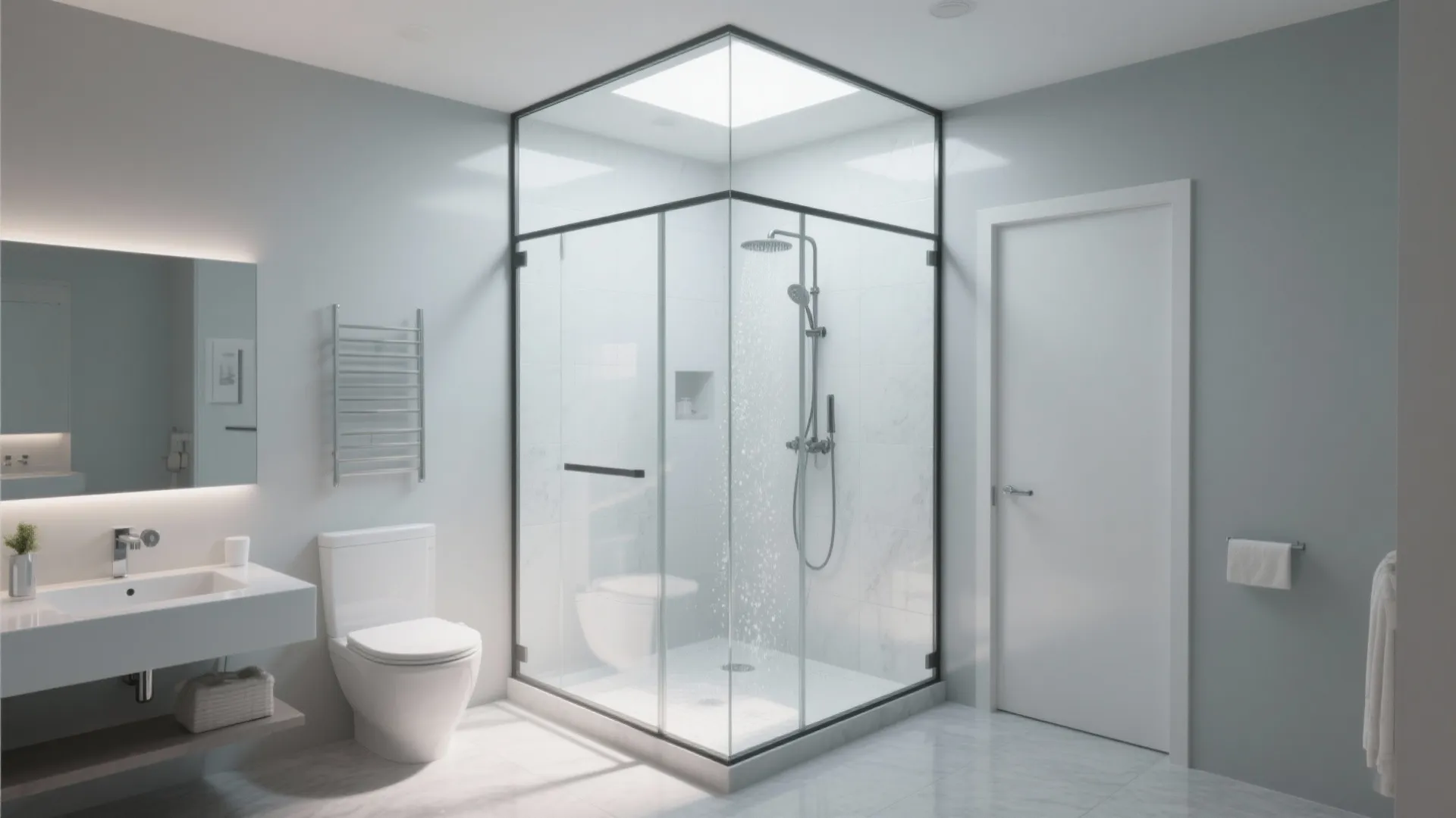 Bright bathroom with corner glass shower white toilet sink mirror and door under a small window