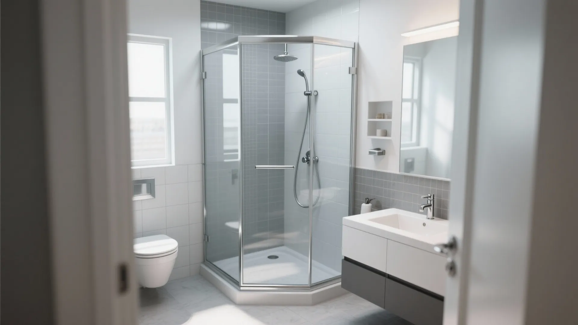 Modern bathroom with glass corner shower enclosure white toilet white sink cabinet and grey tiles