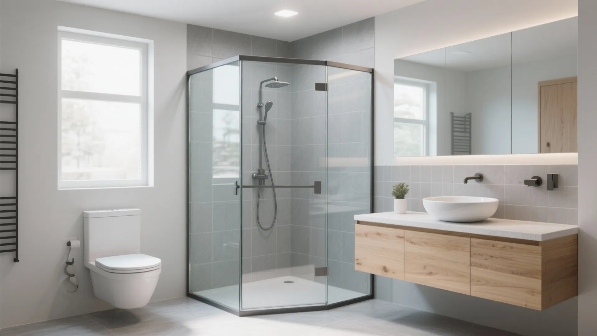 An airy bathroom with frameless glass corner shower and floating vanity
