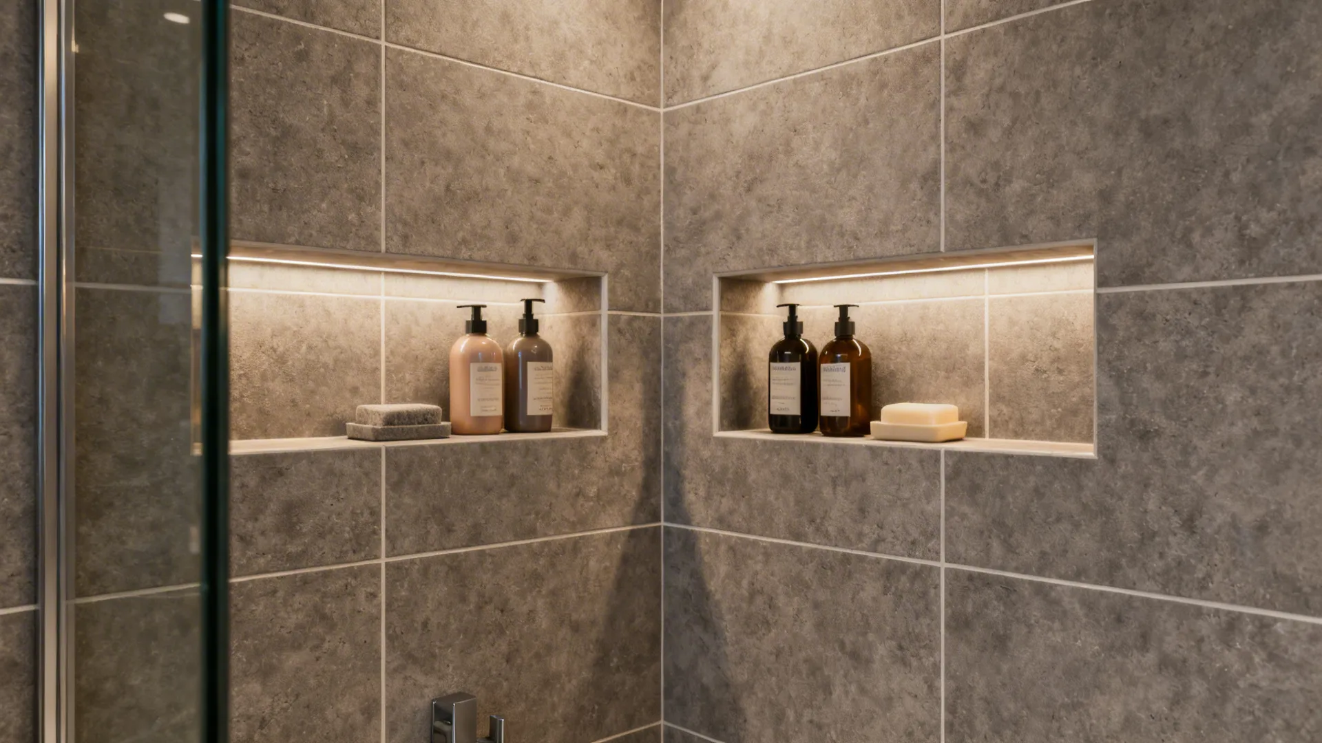 Corner shower with recessed shower niches and large-format warm gray tiles