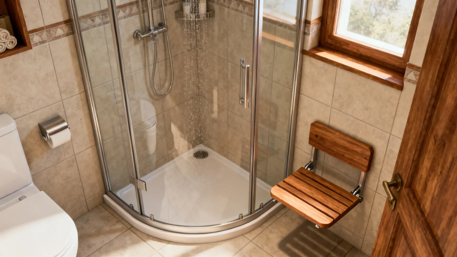 Compact neo-angle shower with a fold-down teak seat in a tiny bathroom corner