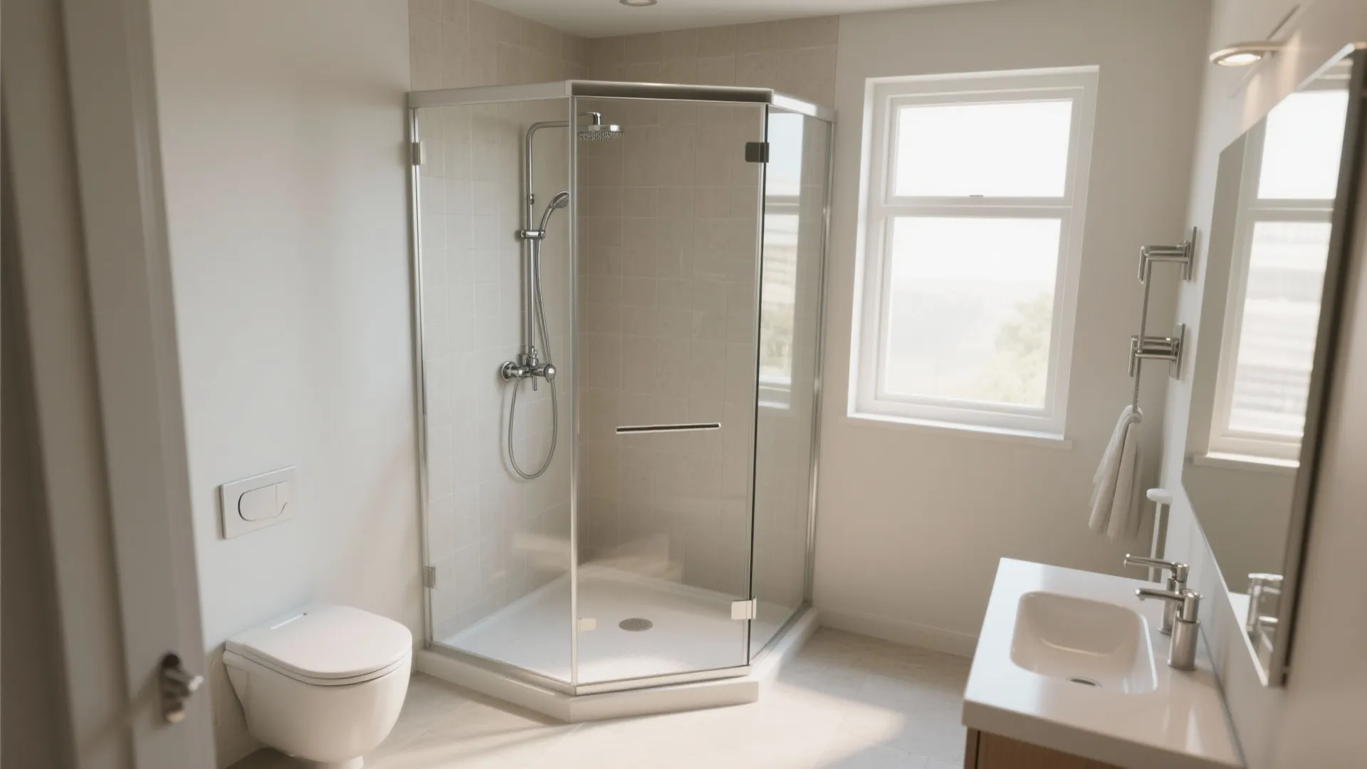 Compact bathroom with frameless corner shower and glass panels