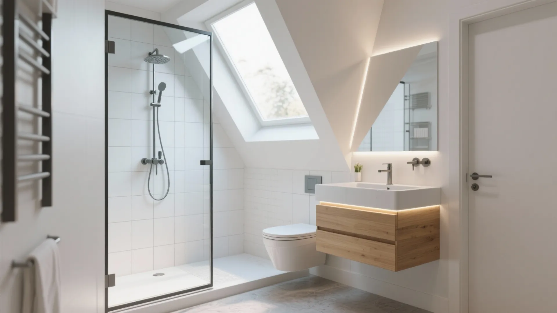 3. Corner Shower with Floating Vanity