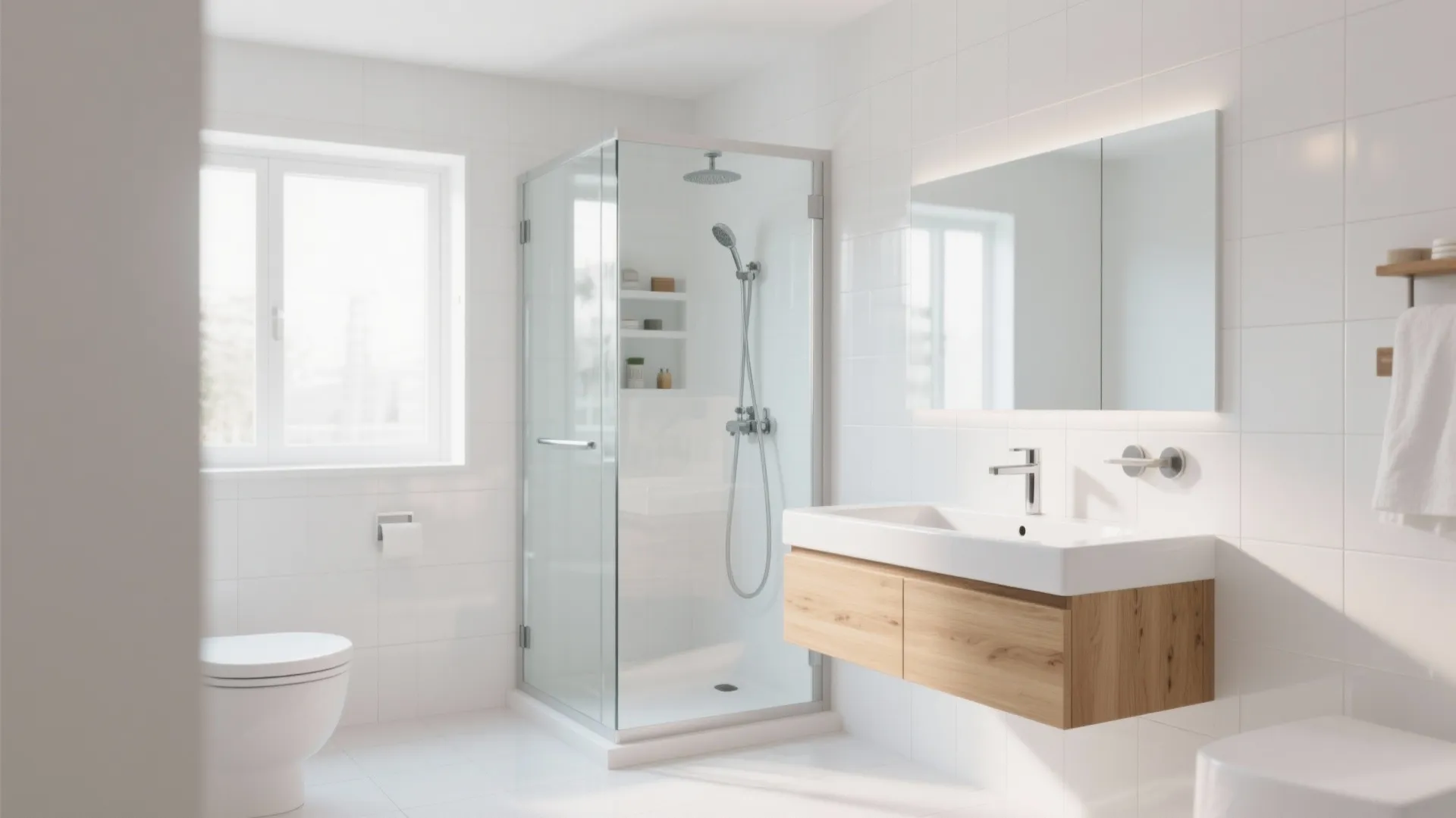 Small bathroom with corner shower and floating vanity in wood finish