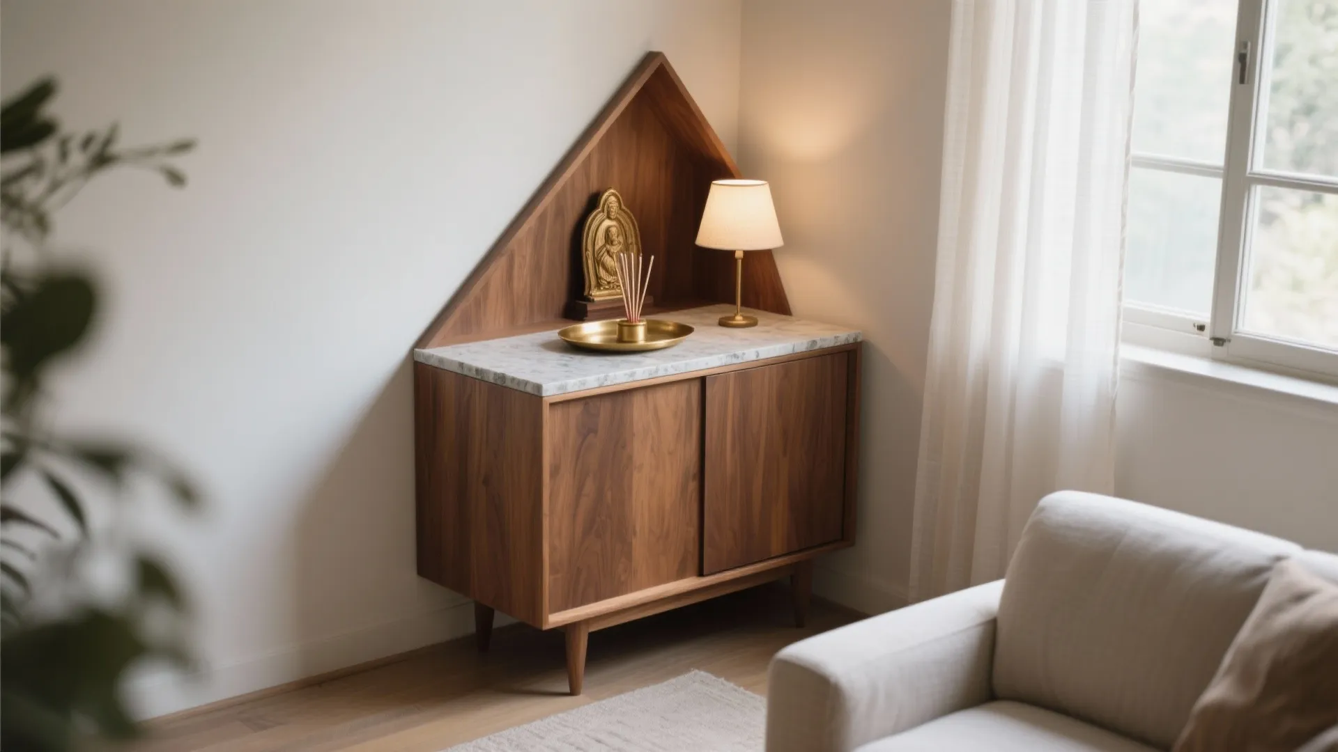 Corner shrine with natural materials and ventilation