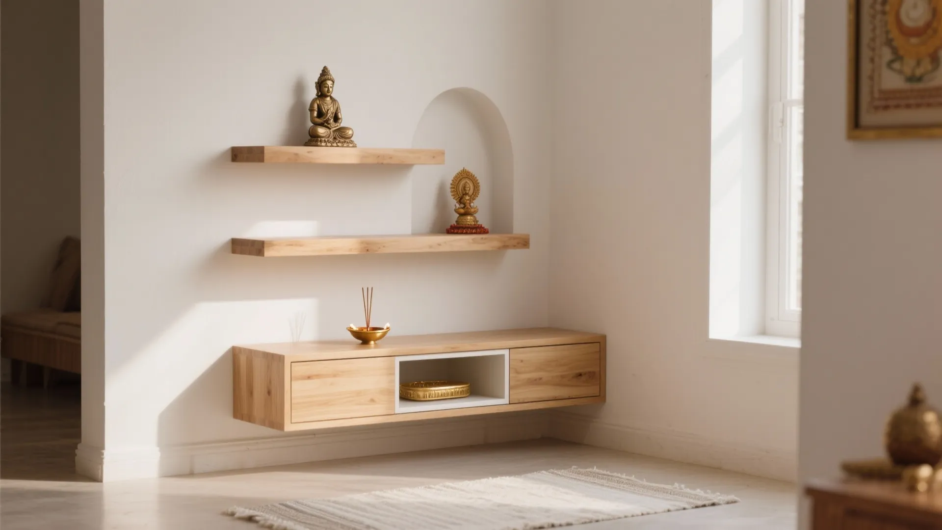 Floating Corner Shrine With Concealed Storage