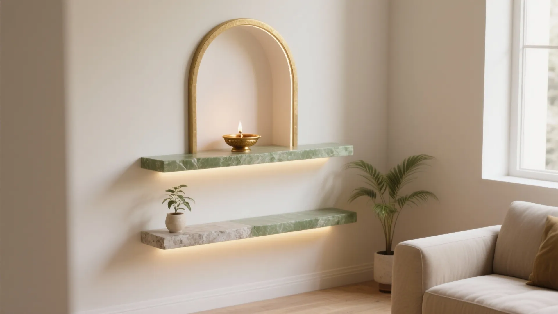 Corner shrine with L-shaped floating shelves