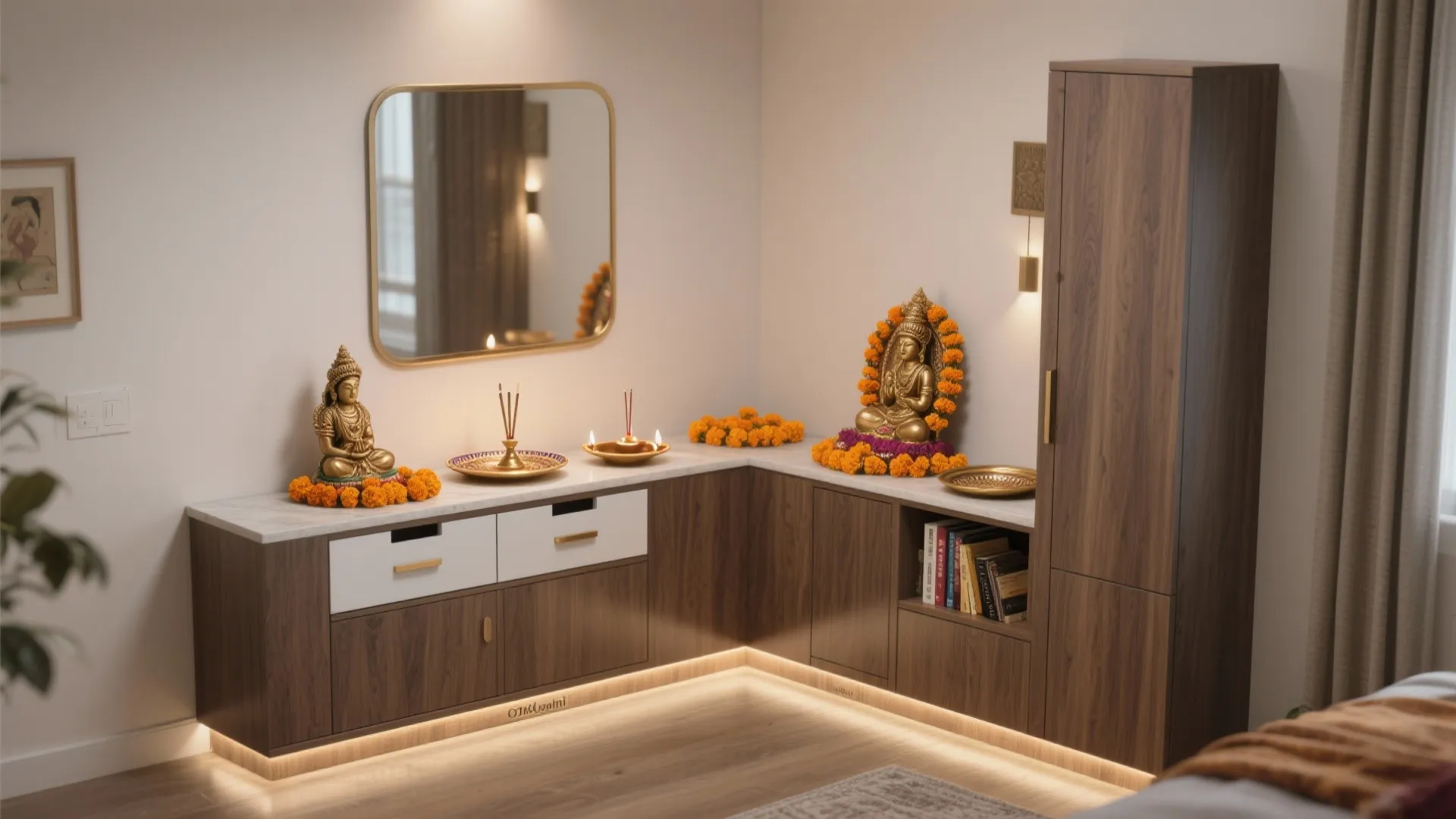 Corner wooden cabinet with Buddha statues, orange flowers, a mirror, and warm under-cabinet strip lighting