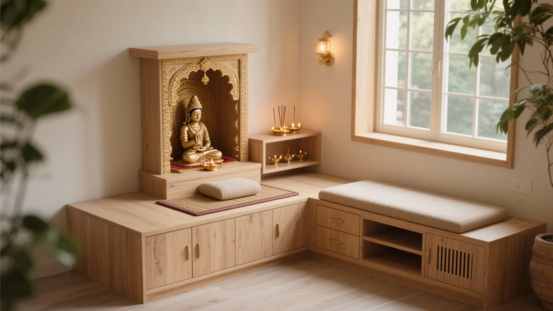 L‑Shaped Corner Shrine with Storage Bench