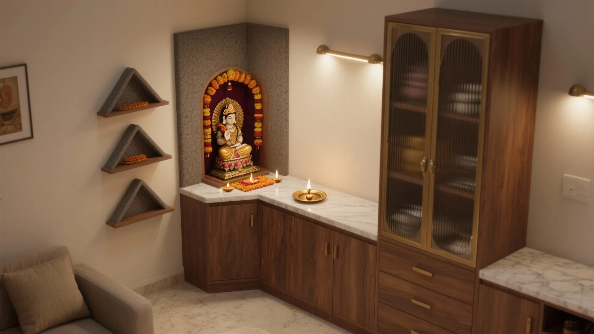 L-Shaped Corner Shrine with Vertical Storage