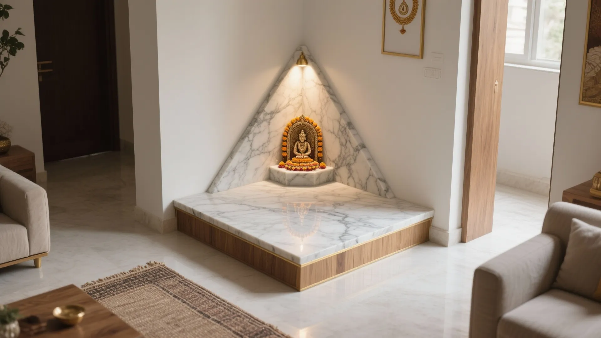 Corner pooja shrine with marble-look sintered stone platform, oak trims, and a picture light.