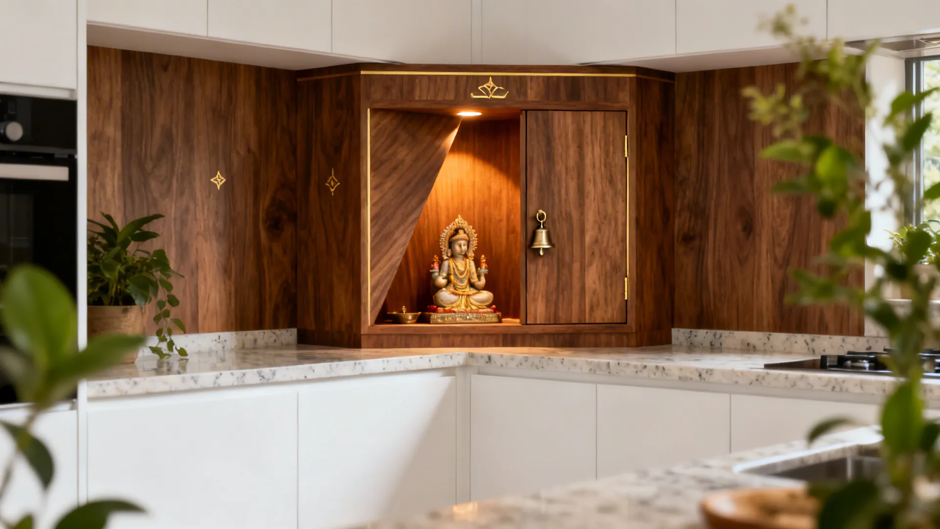 Corner wall cabinet shrine with teak veneer, brass details, and warm LED in an L-shaped kitchen.