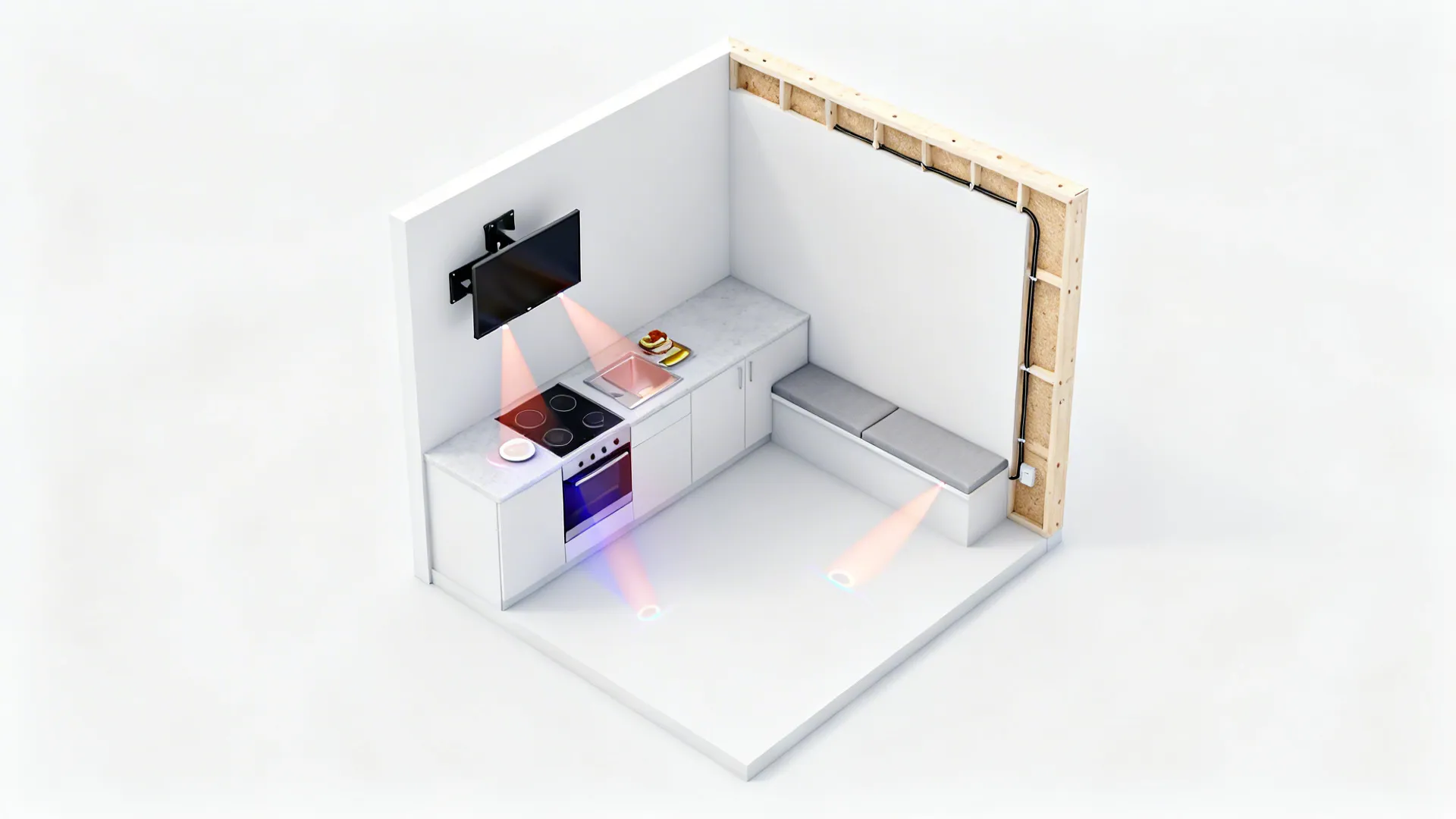 Top-down diagram showing corner swivel TV sightlines to prep and dining zones with clean cable routing.