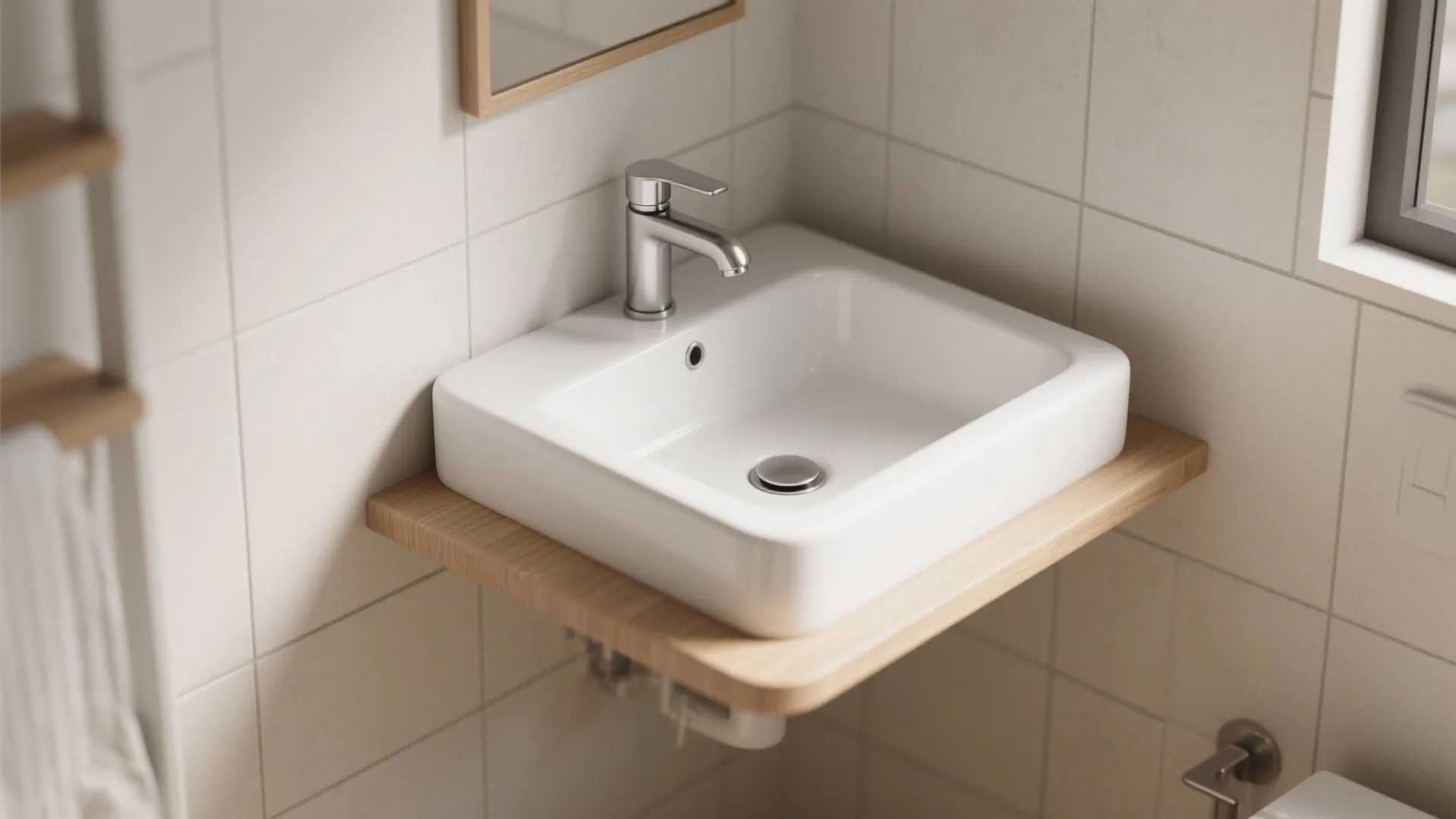 Interior design drawing of a white ceramic bathroom sink on a wooden shelf with silver faucet