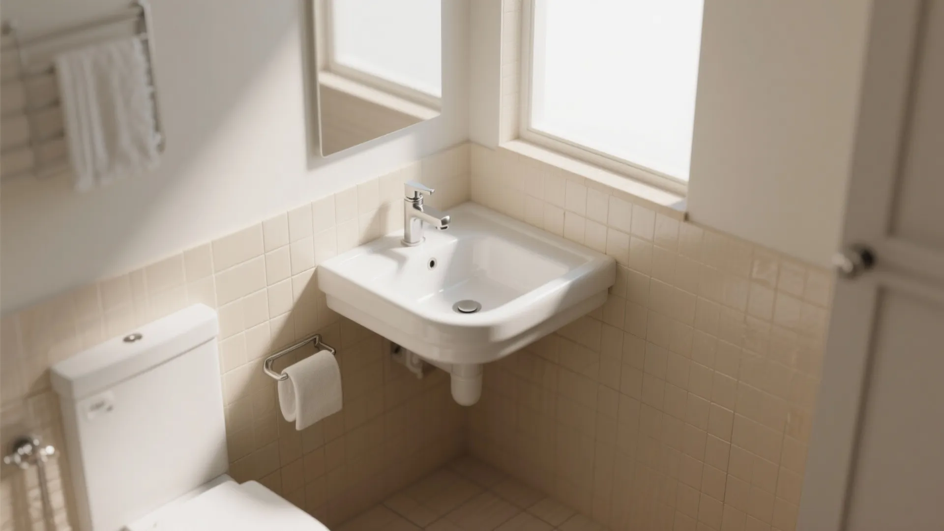 Top view of a small white corner sink in a bathroom with beige wall tiles