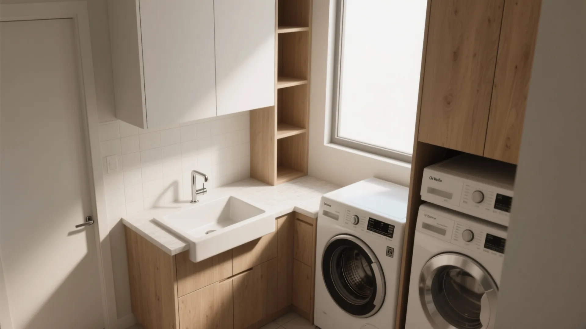 Modern laundry room with white sink wooden cabinets washing machine and dryer next to a window