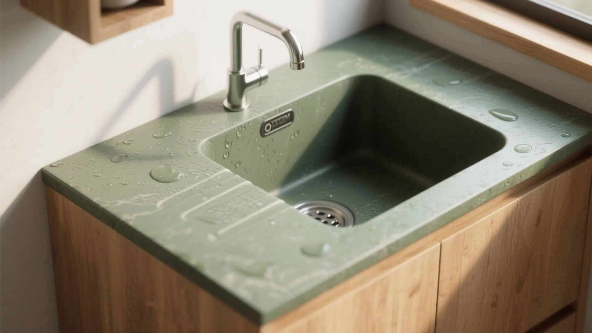 Green kitchen sink with water droplets and a silver faucet on top of wooden cabinets