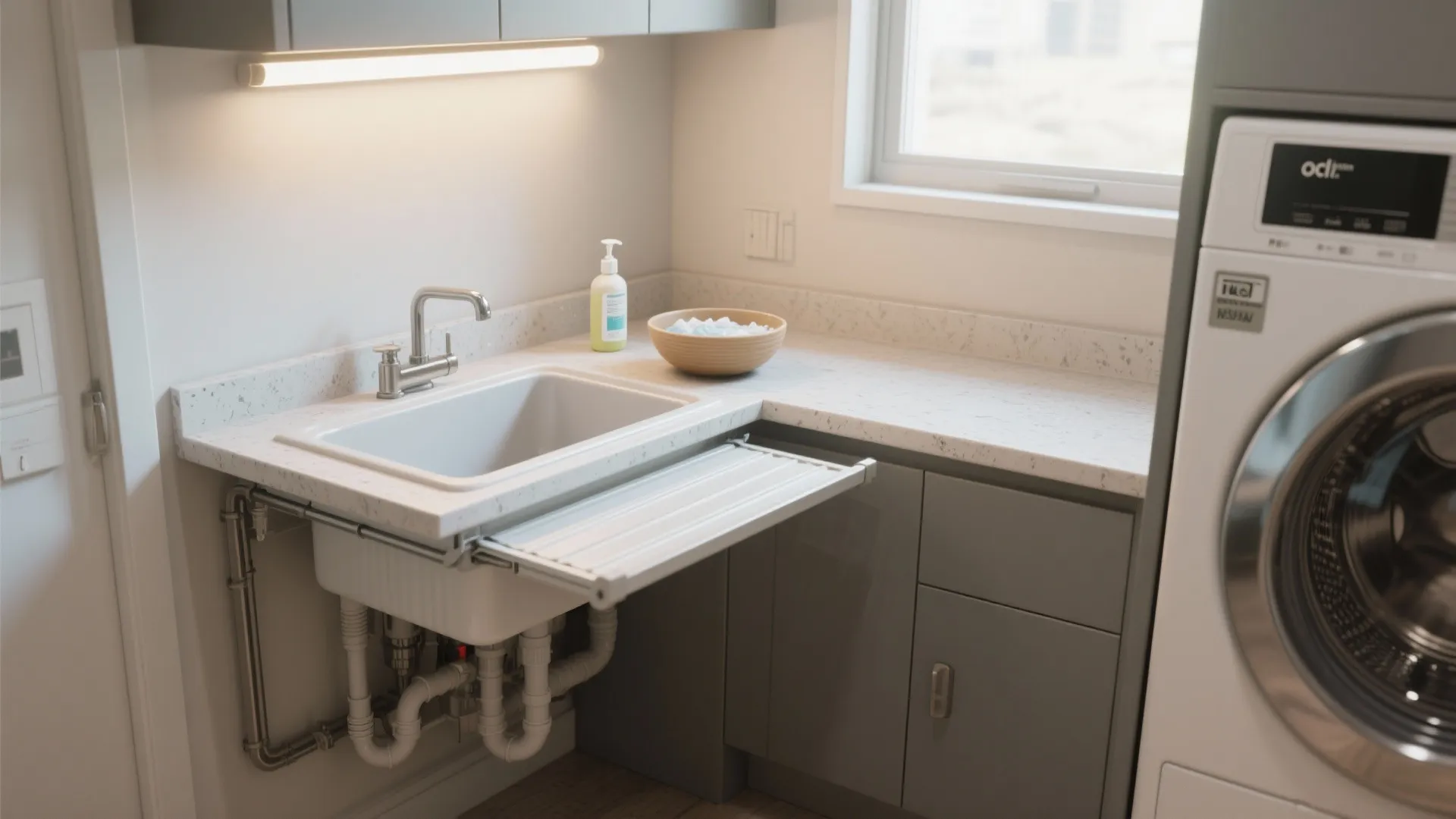 5. Corner laundry with mini sink and foldable counter