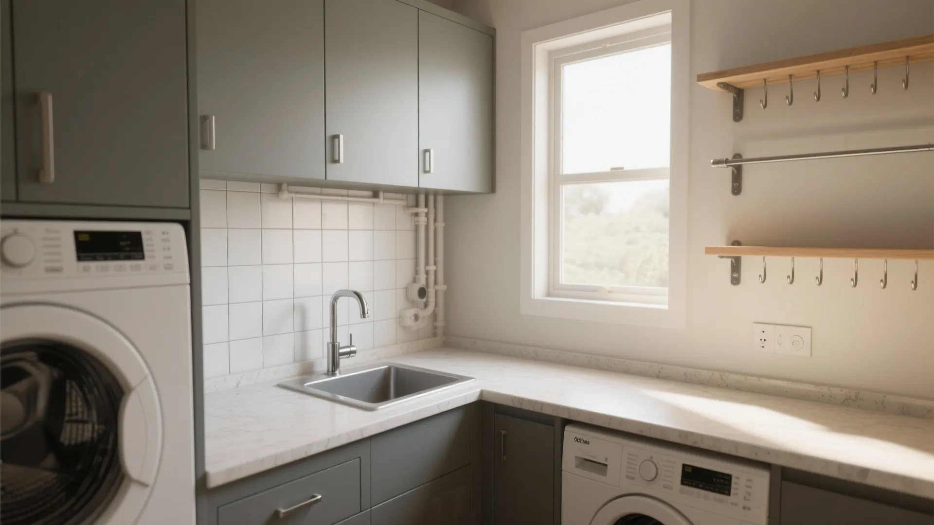 Grey laundry room cabinets with corner sink white marble countertop washing machine and wooden shelves