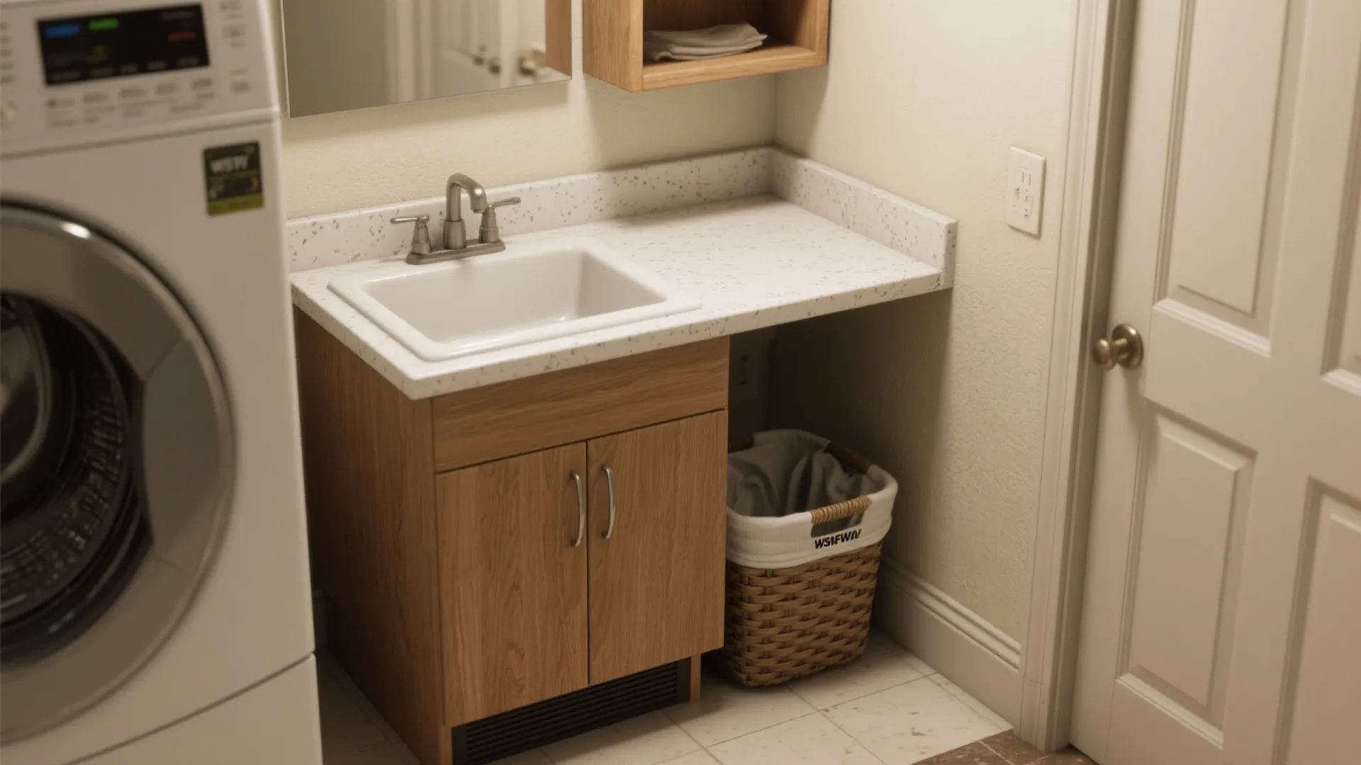 Laundry room corner with washing machine wooden cabinet white sink and a woven laundry basket