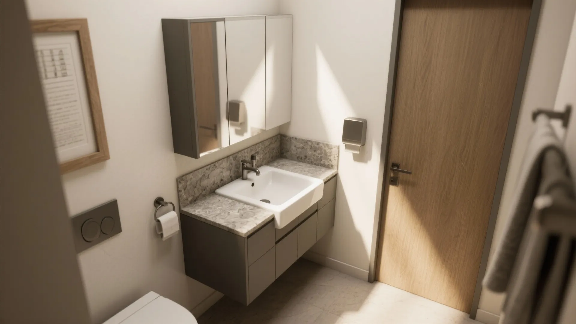 3. Corner sinks and angled fixtures for awkward footprints