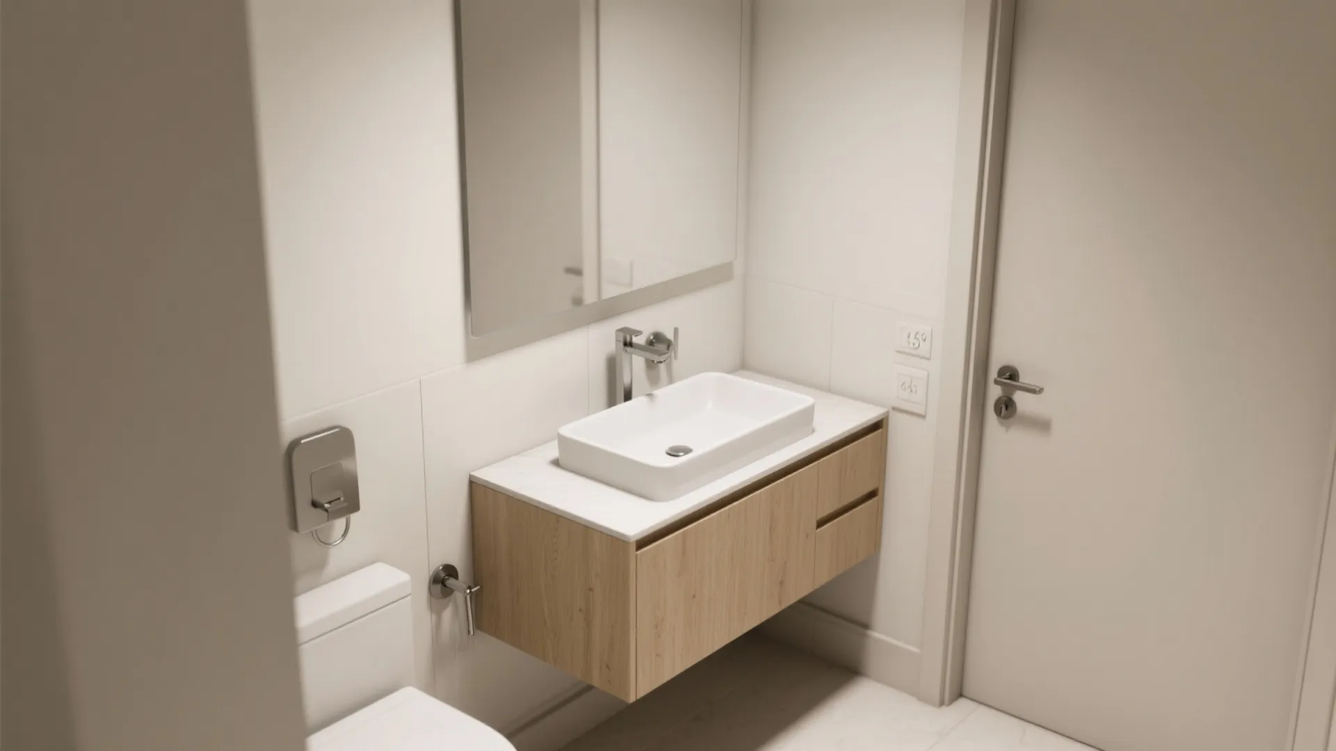 Modern bathroom featuring white sink on wood cabinet with mirror and warm light wall panels