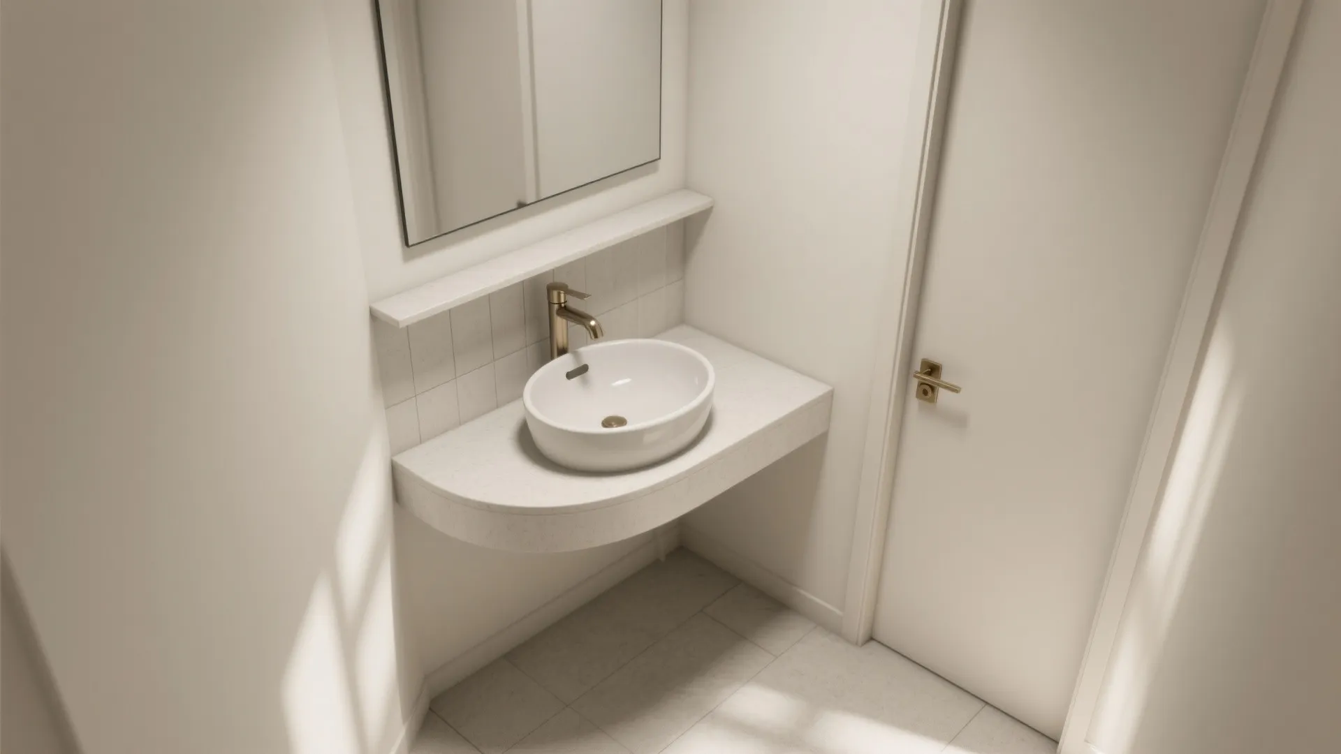 Modern white bathroom sink with gold faucet and mirror in a minimalist room layout design