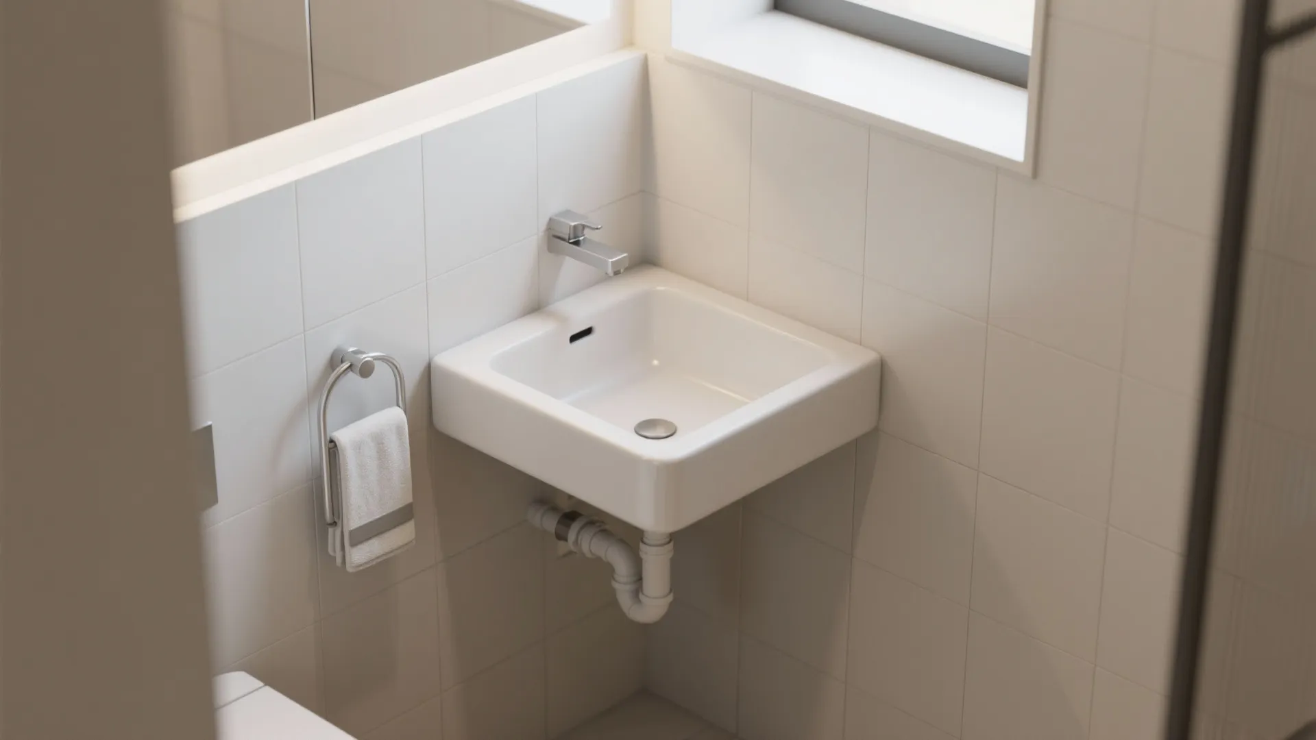 White wall mounted corner sink with silver faucet and white towel hanging on a ring