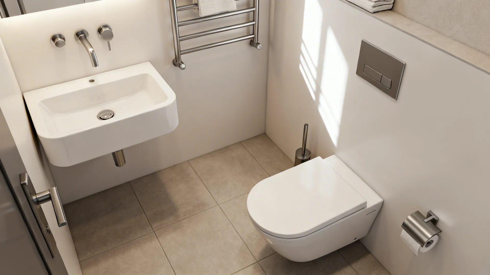 Corner wall-mounted sink and slim toilet freeing circulation space in a small bathroom